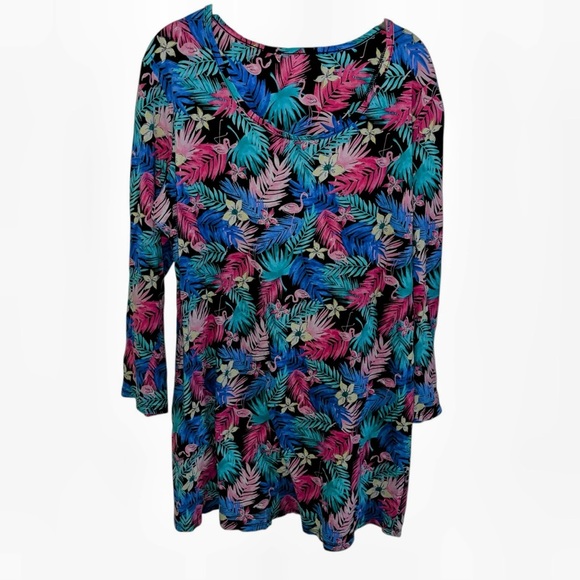 Pink Flamingo Blue Colorful Tropical Print Dress cotton long sleeve XL - Picture 2 of 5